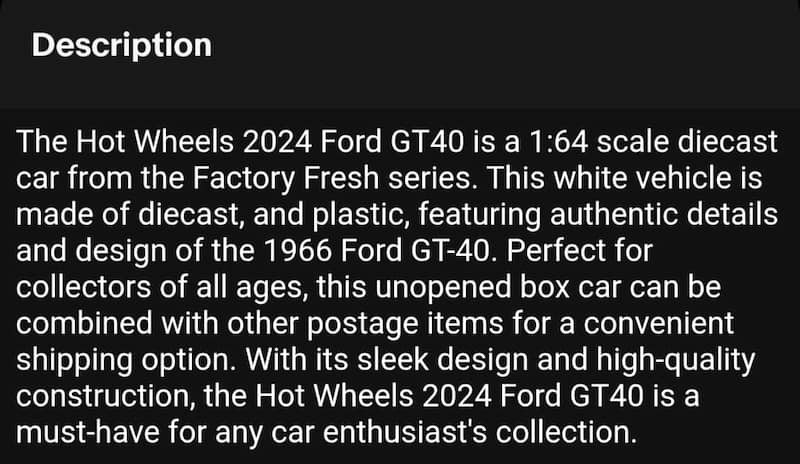 Hot Wheels listing description showing the detailed, accurate copy that built buyer confidence and encouraged purchases